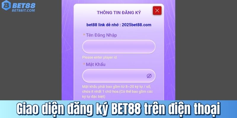 Giao diện đăng ký BET88 trên điện thoại